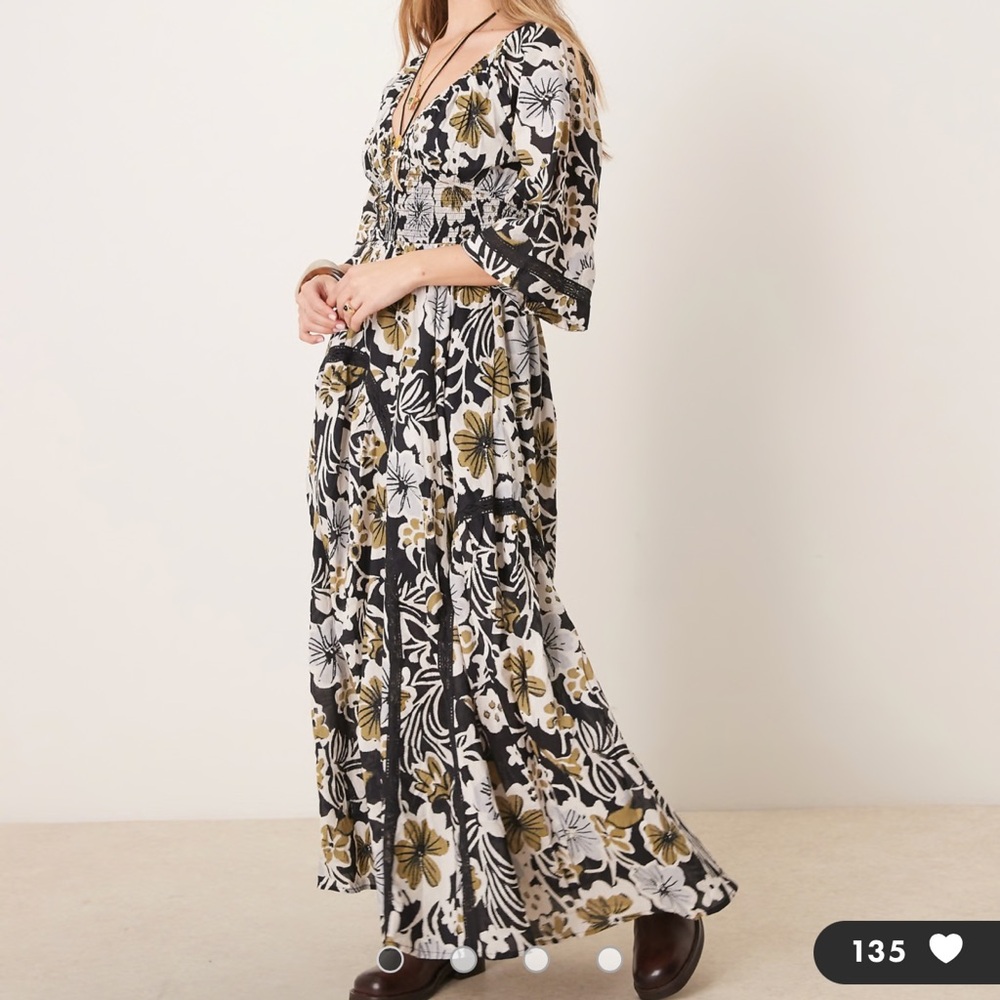 NWT Free People Printed Dixie V Neck 3/4 Sleeve Maxi Dress - Picture 4 of 11